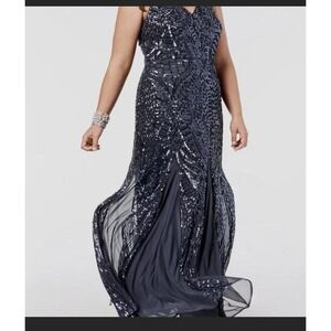 Nightway Gown Womens 20W Navy Blue Excellent Sequin V-Neck Sleeveless Formal